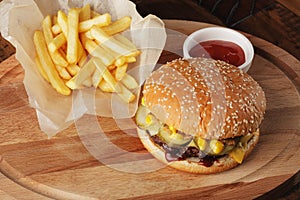 Burger (hamburger) with french fries