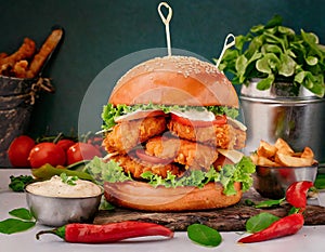 Burgers commercial photography, crispy chicken burger, fast food concept