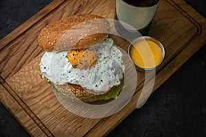 Burgers with cutlet egg and beer