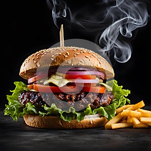 burgers on a dark background with fries and smoke