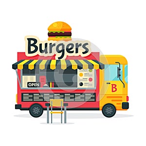 Burgers Food Truck, Street Meal Vehicle, Fast Food Delivery, Mobile Shop Vector Illustration