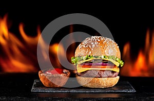 Burgers hamburgers cheeseburgers on fire