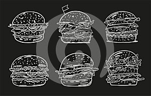 Burgers hand drawn white line art. Hand draw vector illustration. Cartoon style.