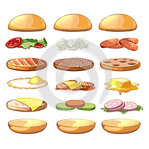 Burgers ingredients. Vector fastfood set in cartoon style photo