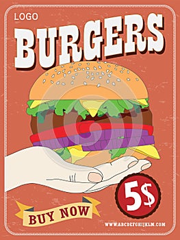 Burgers ordered on the fast food menu. Poster vintage style Hamburger with cutlet, tomatoes and onion. Logo icon vector