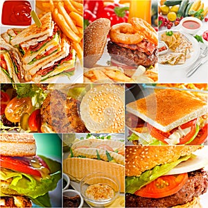 Burgers and sandwiches collection on a collage