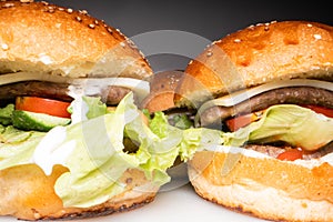 Burgers on a white tray, super close-up, cutlet and vegetables