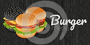Burgers on wood black background. Burger menu.