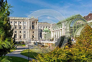 Burggarten park with Butterfly house and Hofburg palace, Vienna, Austria