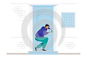 Burglar breaking into house flat color vector faceless character