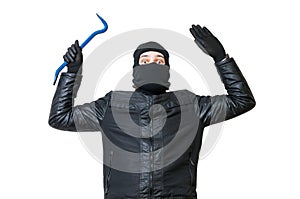 Burglar or thief is putting hands up. Arrested robber is giving up.