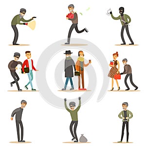Burglars, Pickpockets And Thieves Set Of Smiling Criminals At The Crime Scene Stealing Vector Illustrations