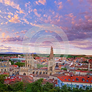 Burgos aerial view skyline sunset with Cathedral