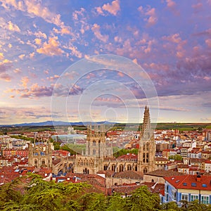 Burgos aerial view skyline sunset with Cathedral photo