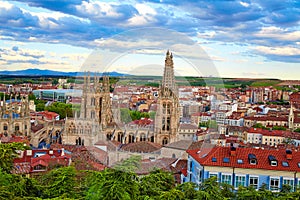 Burgos aerial view skyline sunset with Cathedral