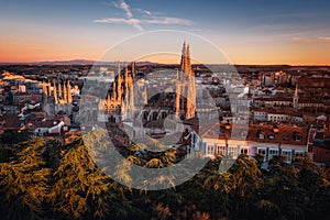 Burgos Cathedral and city panorama at sunset. Burgos, Castile and Leon, Spain.