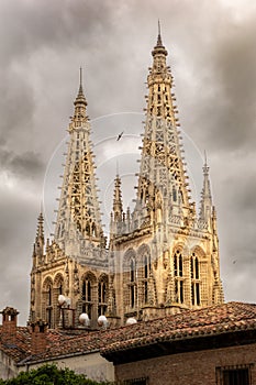 Burgos cathedral towers a cloudy day