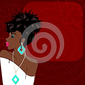 Burgundy background with dark-skinned woman