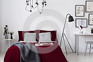 Burgundy bedding and gray pillows on a bed in a white wall bedroom interior. Real photo.
