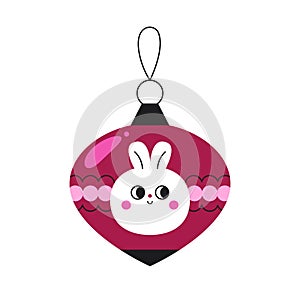 Burgundy Christmas tree decoration with cute bunny face and dots.