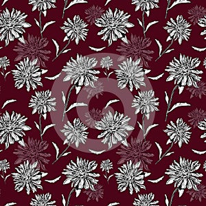 Burgundy floral repeat background. hand painted seamless pattern with chrisantemum on bold deep red color.