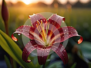 Burgundy lily with waterdrops at the sunset in summer garden. Close-up