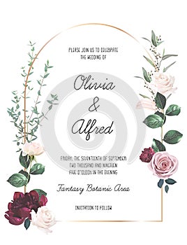 Burgundy red peony, white pale rose, magnolia, blush pink flowers vector design invitation frame