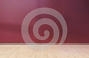Burgundy red textured wall and light wooden floor in empty room for displaying your product. 3D illustration