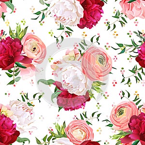 Burgundy red and white peonies, ranunculus, rose seamless vector pattern.