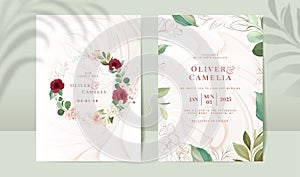 Burgundy roses and green leaves wedding invitation card template set