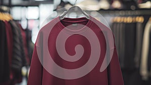 Burgundy sweatshirt on wooden hanger against a blurred background of colorful clothes