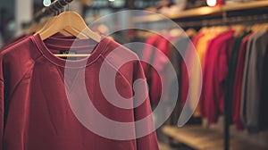 Burgundy sweatshirt on wooden hanger against a blurred background of colorful clothes