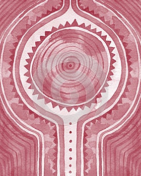 Burgundy symmetrical tribal abstract watercolor background. Hand painted ornate backdrop texture