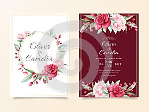 Burgundy wedding invitation card template set of elegnat flowers decoration. Garden floral border save the date, invitation,