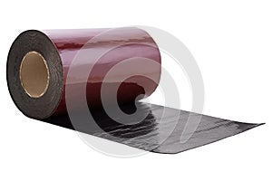 Burgundy wide roll of rubber reinforced tape, for hermetic joints of the roof, on a white background