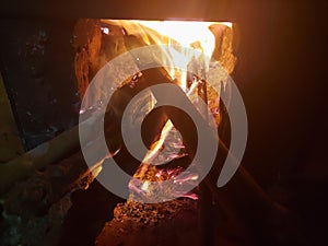 Buring tree trunk and red bright flames photo