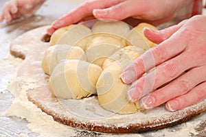 Burithos dough for tortillas with flour and hand on table. Cooking burrito.