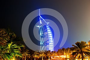 Burj Al Arab glowing at night in Blue