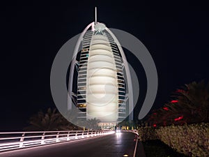 The Burj Al Arab hotel in Dubai at night