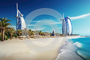 Burj Al Arab hotel in Dubai, United Arab Emirates. Burj Al Arab is one of the most expensive hotels in the world, View of the