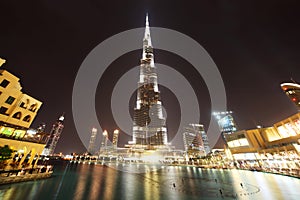 Burj Dubai skyscraper and fountain night time