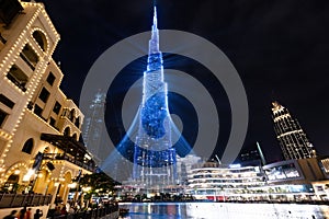 Burj Khalifa illumination in Dubai UAE downtown at night.