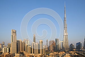 Burj Khalifa skyscraper and Dubai city view in a sunny morning
