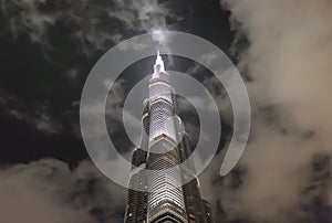 Burj Khalifa is the tallest building in the world reaching over 800 meters, Evening view of a tower