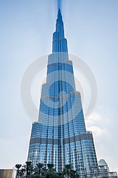 Burj Khalifa Tower against blue sky in the down town of Dubai, near to Dubai mall, United Arab Emirates