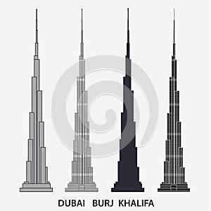 Burj Khalifa tower Dubai. Skyscraper silhouette, famous building. Vector