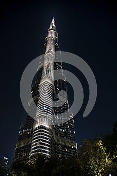 The Burj Khalifa tower at night. Beautiful architecture.