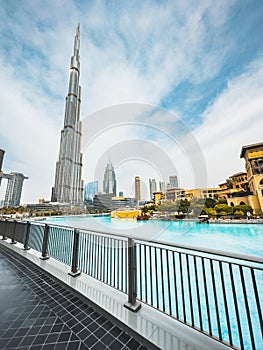 Burj Khalifa view from Burj park bridge in Downtown Dubai, United Arab Emirates