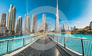 Burj Khalifa view from Burj park bridge in Downtown Dubai, United Arab Emirates