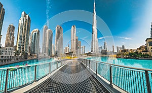 Burj Khalifa view from Burj park bridge in Downtown Dubai, United Arab Emirates